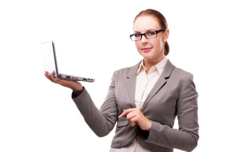 Businesswoman with laptop isolated on whiteの写真素材
