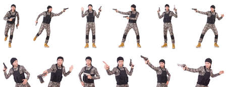 Soldier with gun isolated on whiteの写真素材