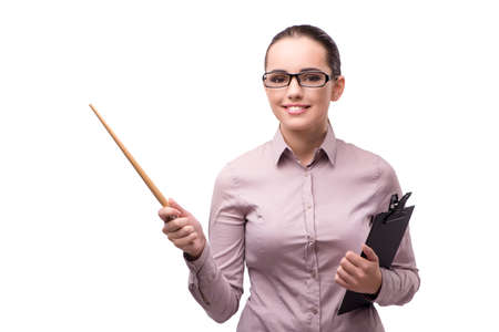 Businesswoman pressing virtual button isolated on whiteの写真素材