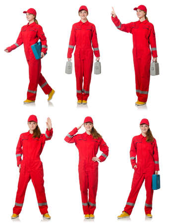 Woman in red overalls isolated on whiteの写真素材