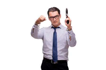 Young businessman with gun isolated on whiteの写真素材