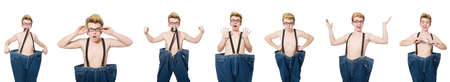Funny man with trousers isolated on white