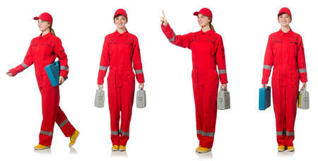 Woman in red overalls isolated on whiteの写真素材