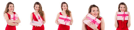Pretty girl holding gift box isolated on whiteの写真素材