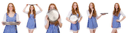 Nice attractive waitress isolated on the whiteの写真素材