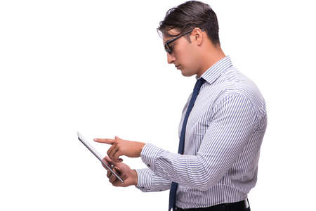 Businessman using his tablet computer isolated on whiteの写真素材