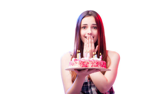Young woman girl with cake isolated on whiteの写真素材