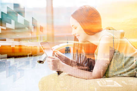 Young girl in social networks conceptの写真素材