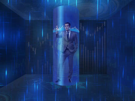 Businessman pressing virtual buttons in futuristic concept
