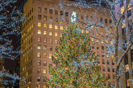New York - DECEMBER 20, 2013: Christmas Tree at Rockefeller center on December 20 in USA, New York. Christmas Tree at Rockefeller center is the most famous christmas tree in USAのeditorial素材