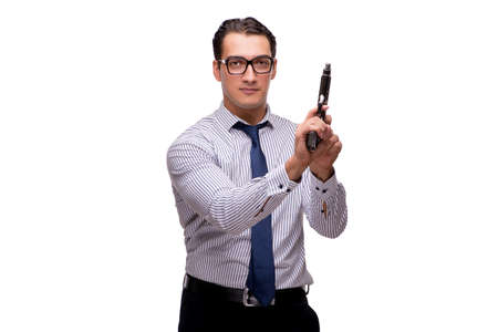 Young businessman with gun isolated on whiteの写真素材