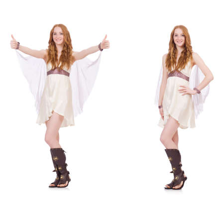 Pretty lady in light charming dress isolated on whiteの写真素材