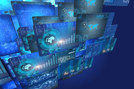 Many screen monitors with charts and graphsの写真素材