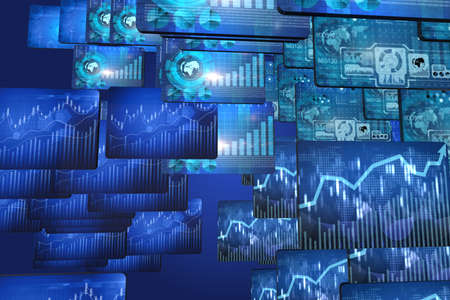 Many screen monitors with charts and graphsの写真素材