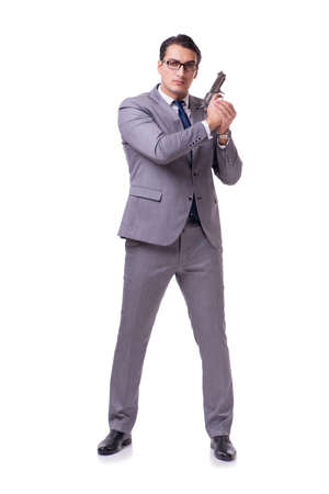 Aggressive business manager with handgun isolated on whiteの写真素材
