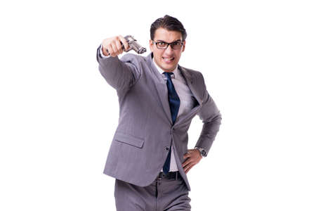 Aggressive business manager with handgun isolated on whiteの写真素材