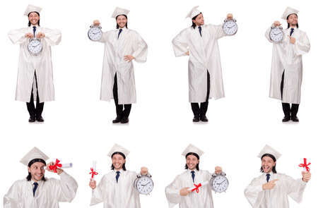 Young man student with clock isolated on whiteの写真素材