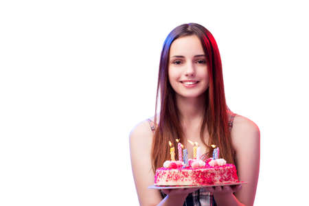 Young woman girl with cake isolated on whiteの写真素材