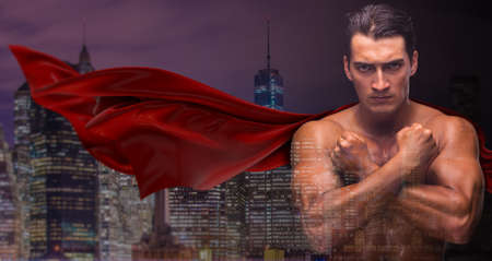 Man in red cover protecting cityの写真素材