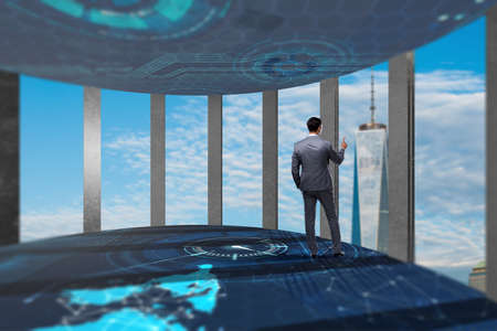 Businessman in front 3d rendered windows