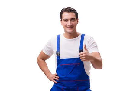 Handsome repairman wearing coveralls isolated on whiteの写真素材