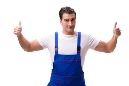Handsome repairman wearing coveralls isolated on whiteの写真素材