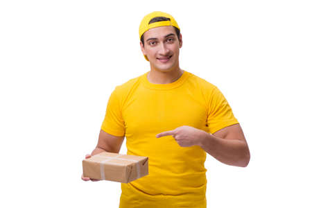 Man delivering christmas present isolated on whiteの写真素材