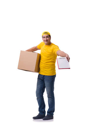 Funny delivery boy with box isolated on whiteの写真素材