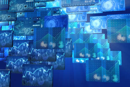 Many screen monitors with charts and graphsの写真素材