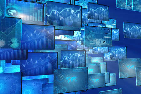 Many screen monitors with charts and graphsの写真素材