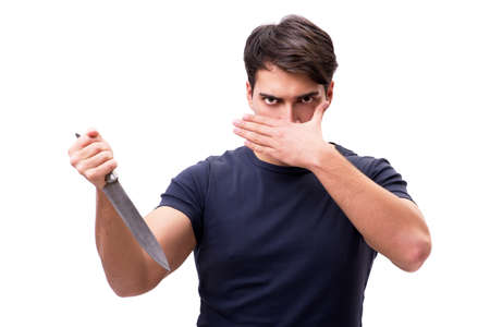 Young mobster with knife isolated on whiteの写真素材