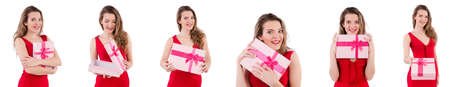 Pretty girl holding gift box isolated on whiteの写真素材