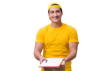 Man delivering christmas present isolated on whiteの写真素材