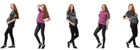 Pregnant woman in composite image isolated on whiteの写真素材