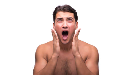 Funny man after shower isolated on whiteの写真素材