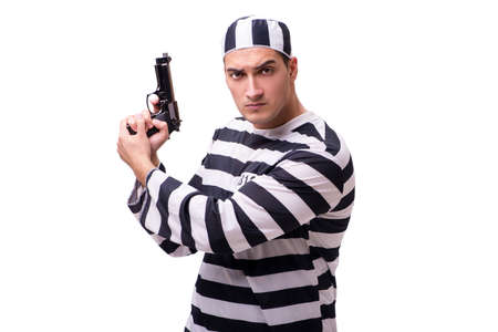 Man prisoner with gun isolated on whiteの写真素材