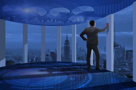 Businessman in front 3d rendered windows