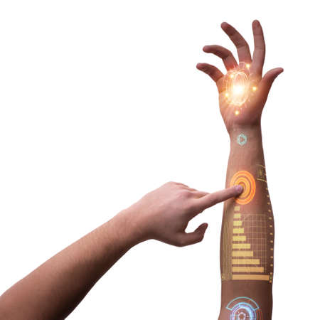 Human robotic hand in futuristic concept