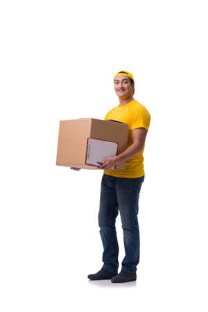 Funny delivery boy with box isolated on whiteの写真素材