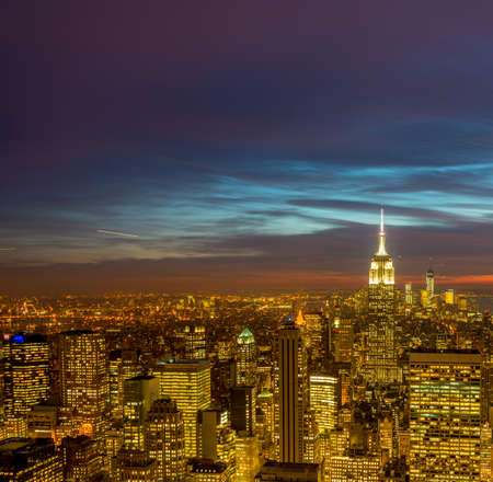 View of New York Manhattan during sunset hoursの写真素材