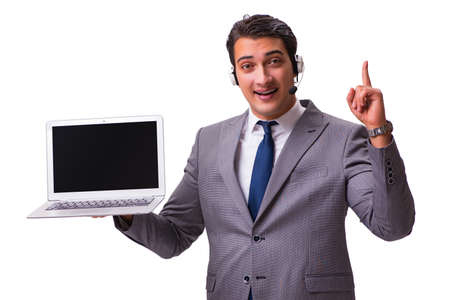 Handsome man with headset isolated on whiteの写真素材