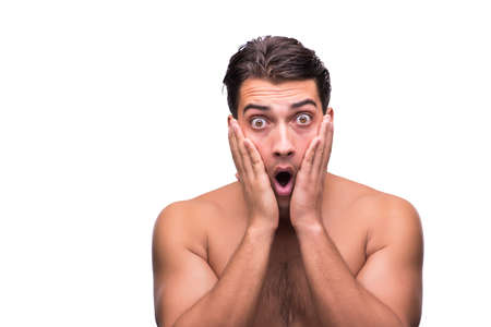 Funny man after shower isolated on whiteの写真素材