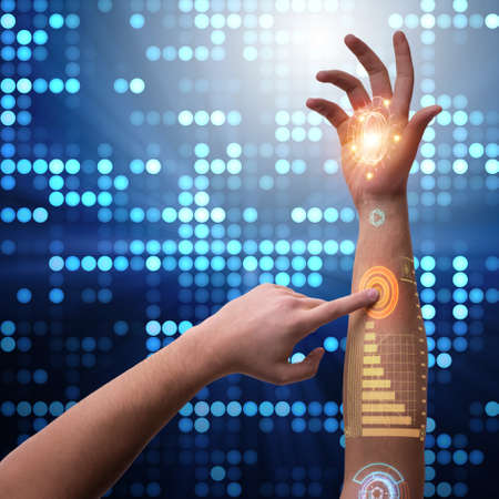 Human robotic hand in futuristic concept