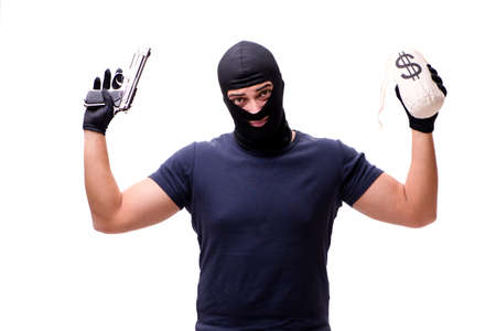 Robber wearing balaclava isolated on whiteの写真素材