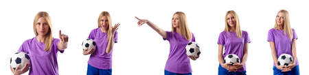 Woman playing football on whiteの写真素材
