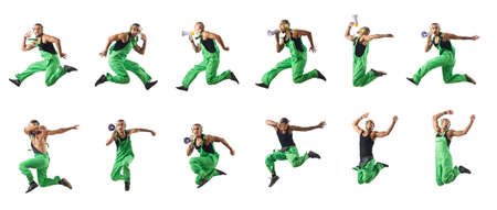 Construction worker jumping and dancing