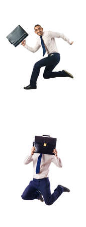 Jumping businessman isolated on whiteの写真素材