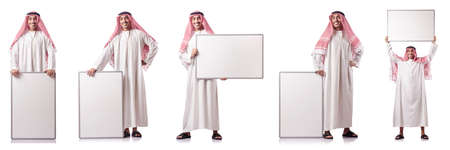 Arab man with blank board on whiteの写真素材