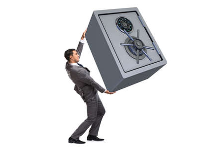 Businessman carrying safe isolated on white