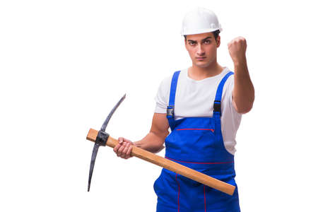 Angry man with axe isolated on whiteの写真素材